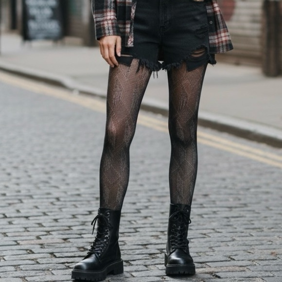 NWT DKNY Black & Silver Gray Opaque Flannel Tights Geometric 90s Y2K Layer M - Picture 6 of 10